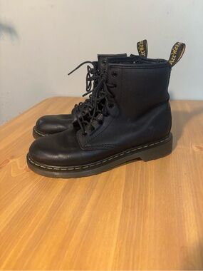Dr. Martens Black Leather Lace-Up Ankle Boots with Yellow Stitching